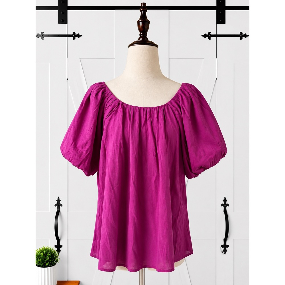 Umgee Puff Sleeves Top Women Medium Magenta Scoop Neck